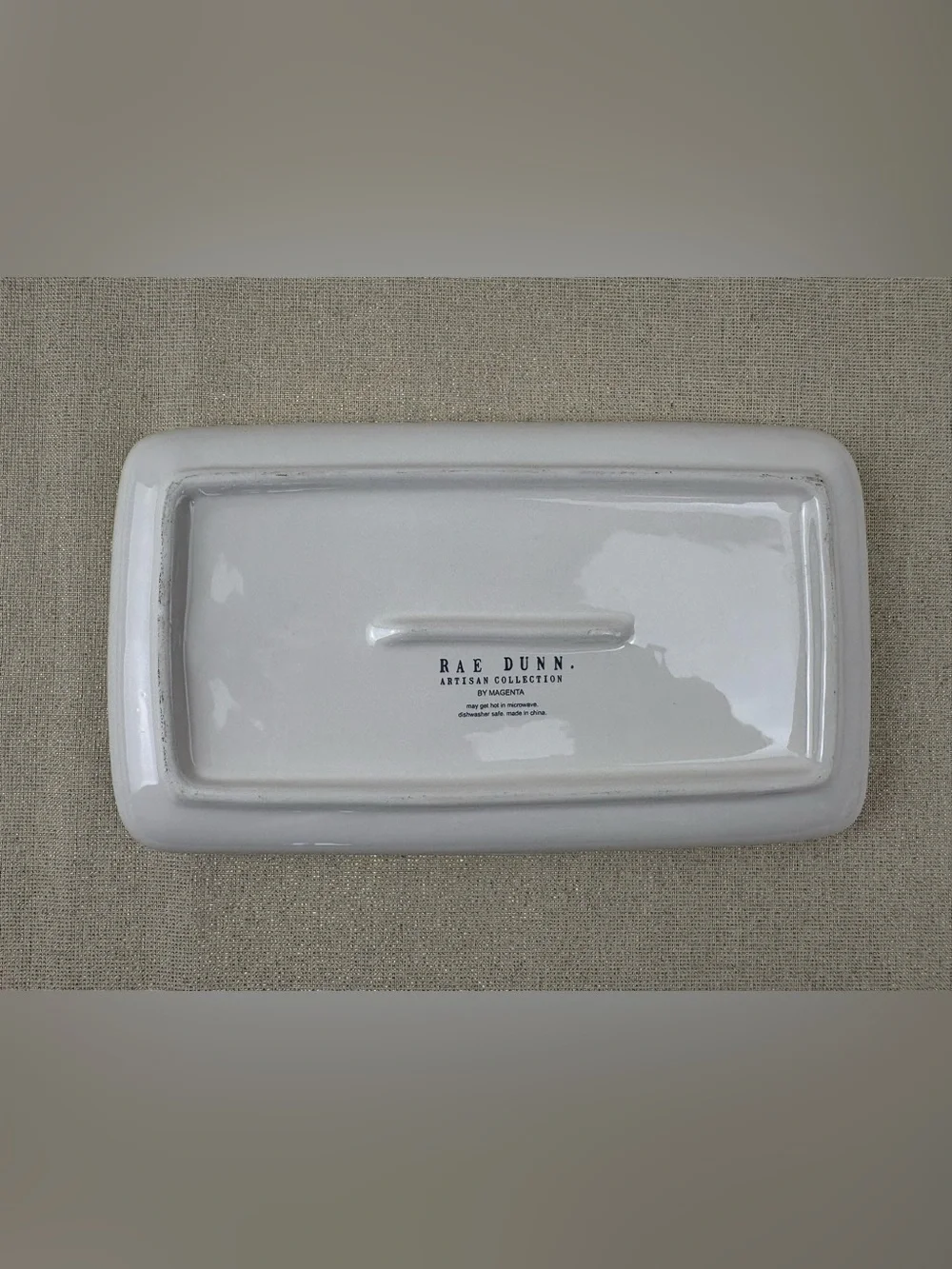 Rae Dunn by Magenta White Ceramic Tray Labeled “TRINKETS” in Black Lettering